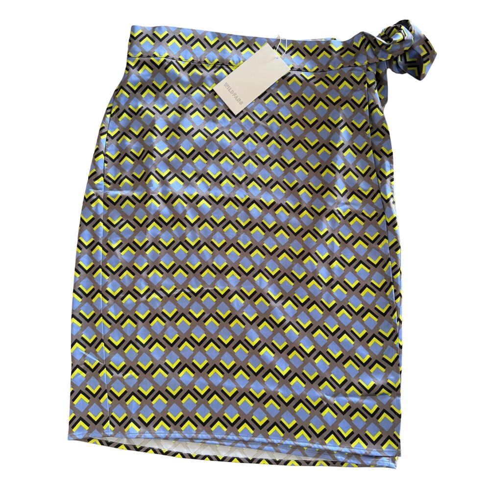 WILDFANG The Empower Satin Wrap Skirt Geometric Blue Yellow L NWT $98